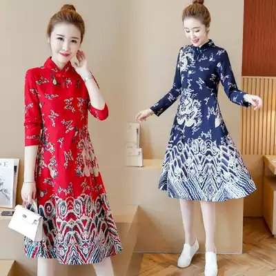 New modified Chinese style cheongsam 2019 autumn large size retro fashion classical ethnic print dress