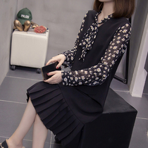 Brother-in-law Fried Street Big Code Early Autumn Dress Herbentresses Fat Mm Loose Cover Waist Coarse Snow Spun Printed Splicing Black Dress