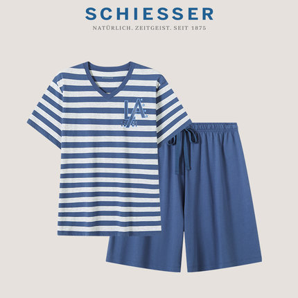 SCHIESSER/舒雅22年夏季新品纯棉V领条纹男睡衣家居服套装20384H