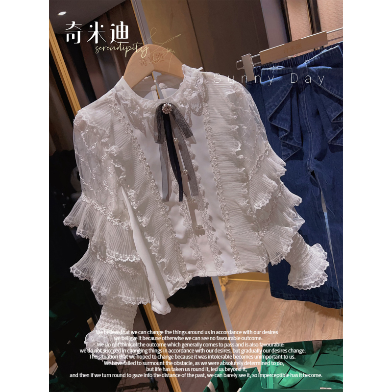 Girls Spring and Autumn New Lace Shirt Children's Style White Versatile Top