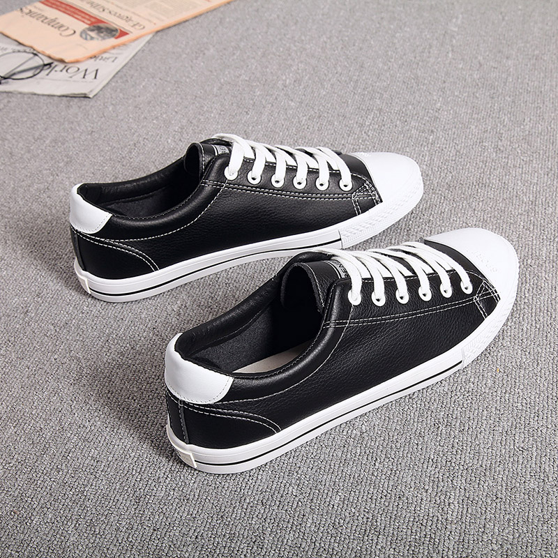 Renben 2020 new Korean version men's leather canvas shoes low-top skateboard shoes student white shoes men's shoes youth black