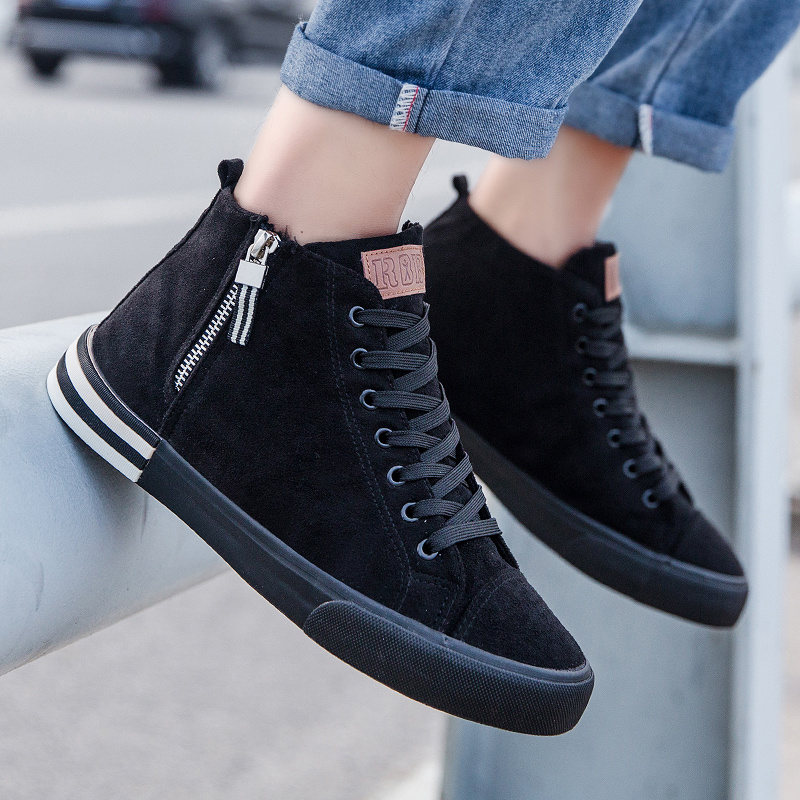 Renben winter high-top canvas shoes men's plus velvet thick warm black warm cloth shoes couple cotton shoes couple shoes