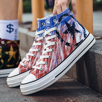 Universal 2021 summer new mens versatile high canvas shoes tie-dyed hand painted graffiti mens shoes five-pointed star shoes