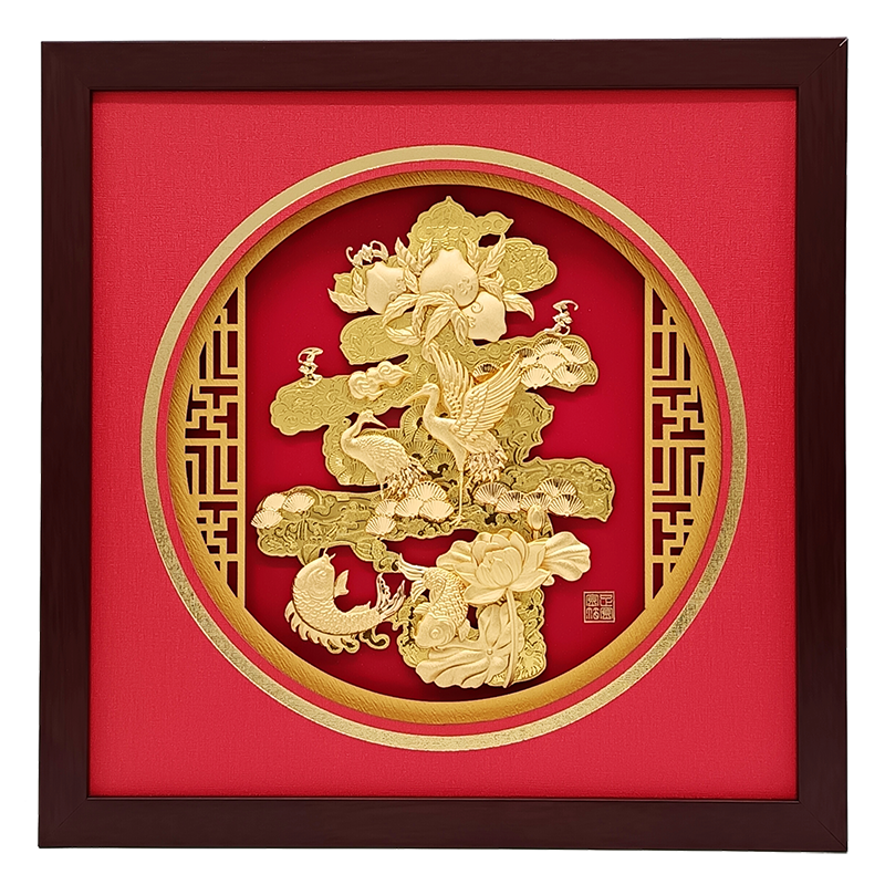 赤本立体額 純金箔り『松齢鶴寿』金箔絵 贈り物 ギフト