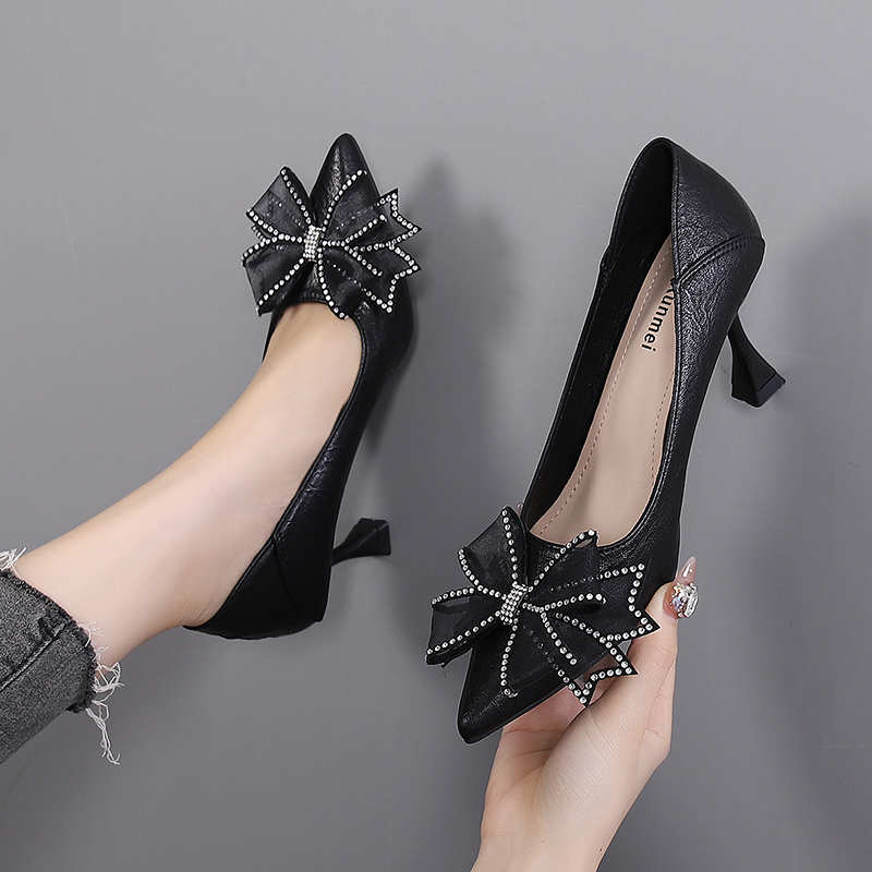 Genuine Leather High-Heeled Shallow Pointed Toe Mid-Heel Bow French Evening Style Single Shoes for Women 2026 New Spring and Autumn Black Leather Shoes