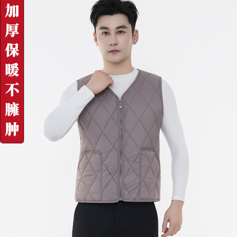 Early Autumn Men's down Cotton Vest, Warm Inner Wear, Lightweight, Slim Fit, Fleece-Lined, Thickened, Short Style, Large Size Inner Vest