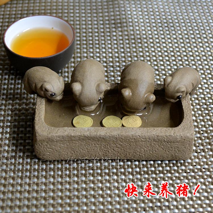 Yixing purple sand tea pet piggy drinking sink creative sculpture handmade four pigs tea play tea tray ornaments well-dressed