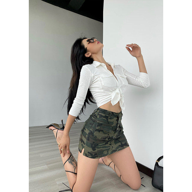 Iye Workwear Camouflage Denim Skirt ຂອງແມ່ຍິງ Summer 2023 ໃໝ່ A-Line High Waist Slim Hot Girl Hip-covering Short Skirt