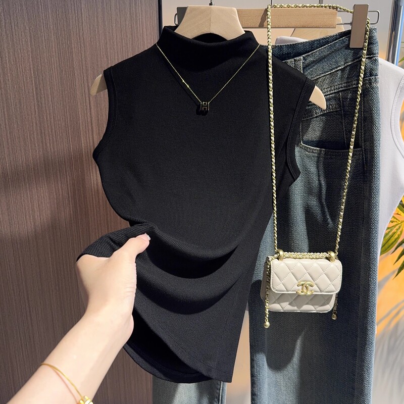Summer Half-High Collar Sleeveless Vest for Petite Women, Base Layer Shirt, French Stand Collar, Mid-Collar Slim Fit Top for Wearing under a Suit