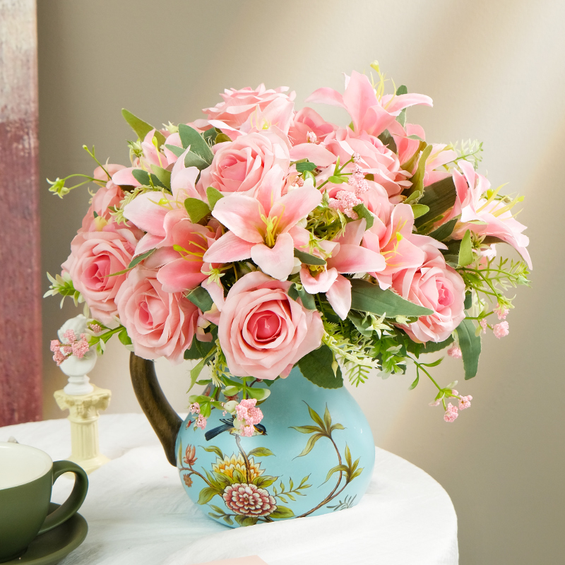 Rose high-end simulation flower fake flower arrangement living room table flower arrangement flower home flower arrangement decoration lily flower arrangement