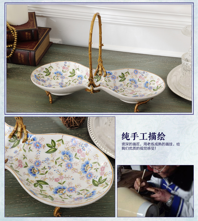 Ceramic creative fruit bowl sitting room European - style snacks with copper plate frame dry fruit tray snack dish candy dish