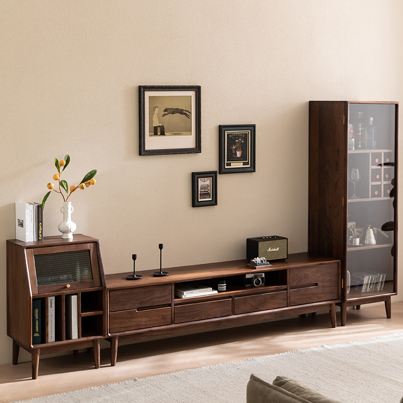 North American Black Walnut Wood Tea Table Composition Nordic Full Solid Wood Furniture Light Lavish Living Room Ground Cabinet New Chinese TV Enclosure