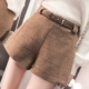 Quần short kẻ sọc bằng vải len nữ mùa thu đông 2018 mới Quần cạp cao đế cao Quần đế bệt Mặc A-word Quần ống rộng thông thường