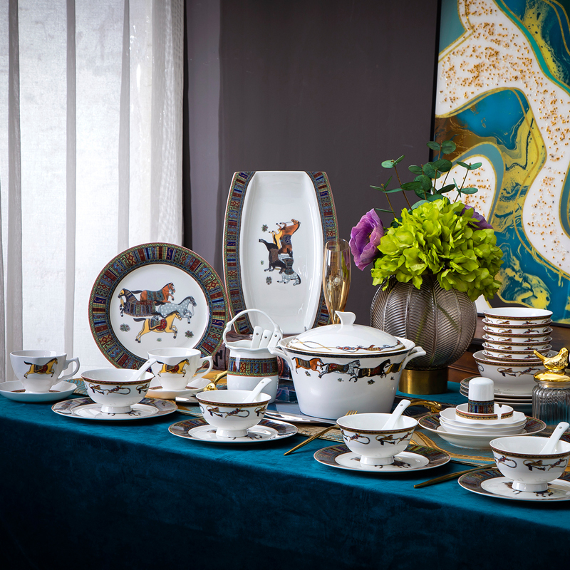 Jingdezhen Ceramic Bowls and Plates, 60-Piece Underglaze Color Hermes Tableware, Coffee Cup Set, Household Bone China Bowls and Plates, European Style