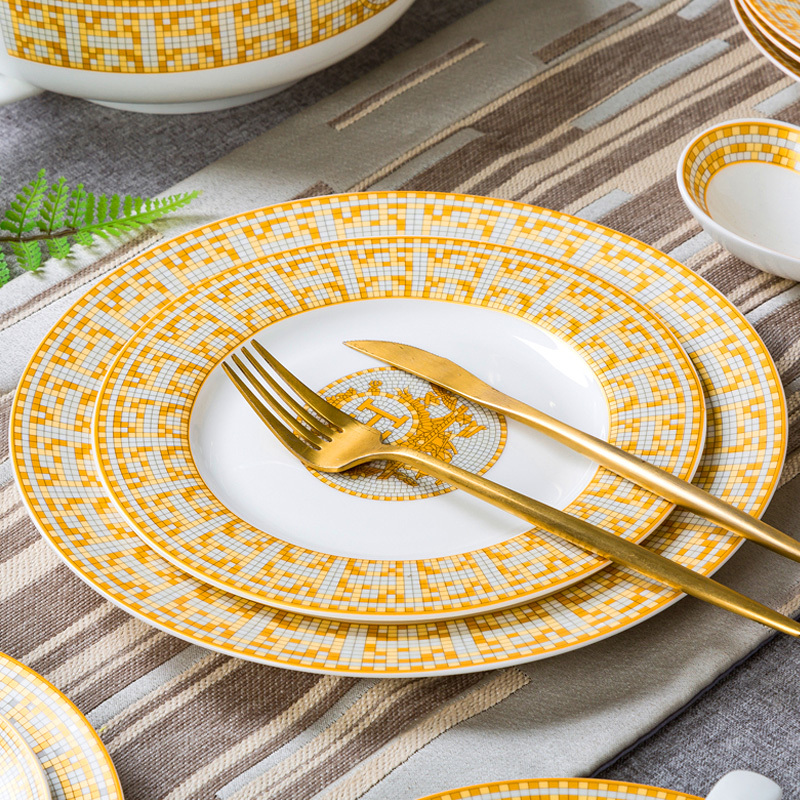 DIY Jingdezhen Ceramic Tableware Hermes-Style Household Bone China Bowls and Plates European-Style Mosaic H Light Luxury Bowl and Plate Set