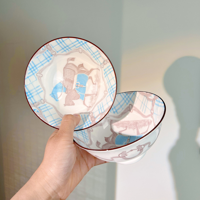 Hermès Bone China Bowl, Hermès Orange Bowl, Thin Rice Bowl, Cherry Blossom Microwave-Safe Tableware, Underglaze Color Tableware