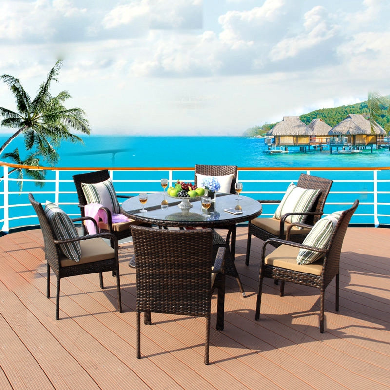 Outdoor courtyard garden leisure rattan table and chair living room dining table and chair creative rattan one table six Chair combination customization