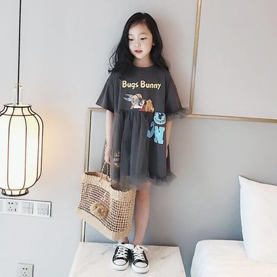 童装女童卡通连衣裙2021夏装新款中大童宽松休闲灰色网红T恤纱裙