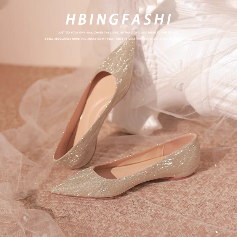 Super Soft ~ Pointed Toe Shallow Mouth Height-Increasing Flat Shoes for Women, Fairy Style Champagne Gold Wedding Shoes, Maternity Bridesmaid Shoes, Large Size