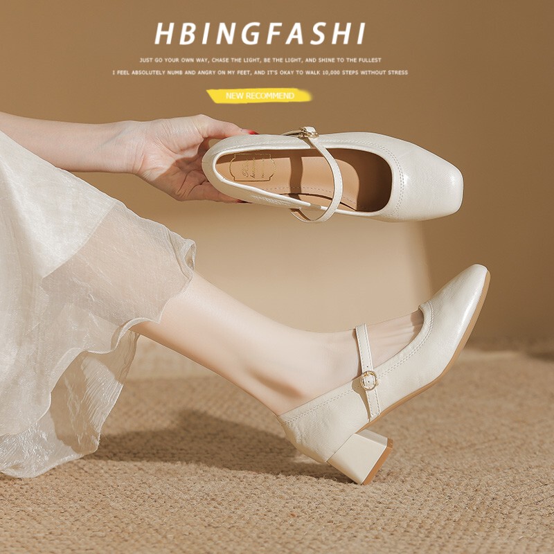 Super Soft~ French-Style Gentle Single Shoes with Chunky Heels, Square Toe, Cheongsam Shoes, Elegant Commuting Mary Jane Shoes with a Single Strap, Women's Leather Shoes