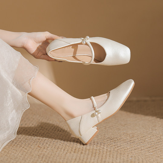 超软！！真皮法式低跟方头裸色玛丽珍鞋旗袍单鞋工作皮鞋通勤女鞋