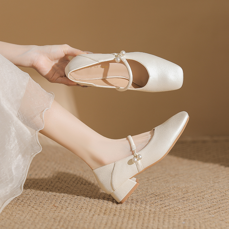 Super Soft! French-Style Low-Heeled Square-Toe Nude Mary Jane Cheongsam Shoes with a Single Strap, Work Leather Shoes, Commuting Women's Shoes Super Soft! French-Style Low-Heeled Square-Toe Nude Mary Jane Cheongsam Shoes with a Single Strap, Work Leather Shoes, Commuting Women's Shoes