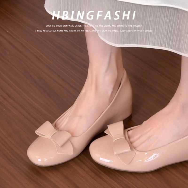 Super Soft~ Congyuan Same Style Bow-Knot Height-Increasing Flat Shoes, French Fairy Style, Stunning Shallow Nude-Colored Single Shoes for Women