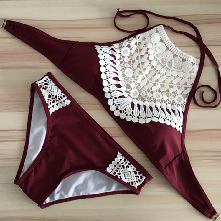 Châu Âu và Hoa Kỳ áo tắm mới bikinir chia áo tắm nữ openwork ren ngực nhỏ gợi cảm tập hợp bikini tam giác bộ quần áo bơi dài tay nữ
