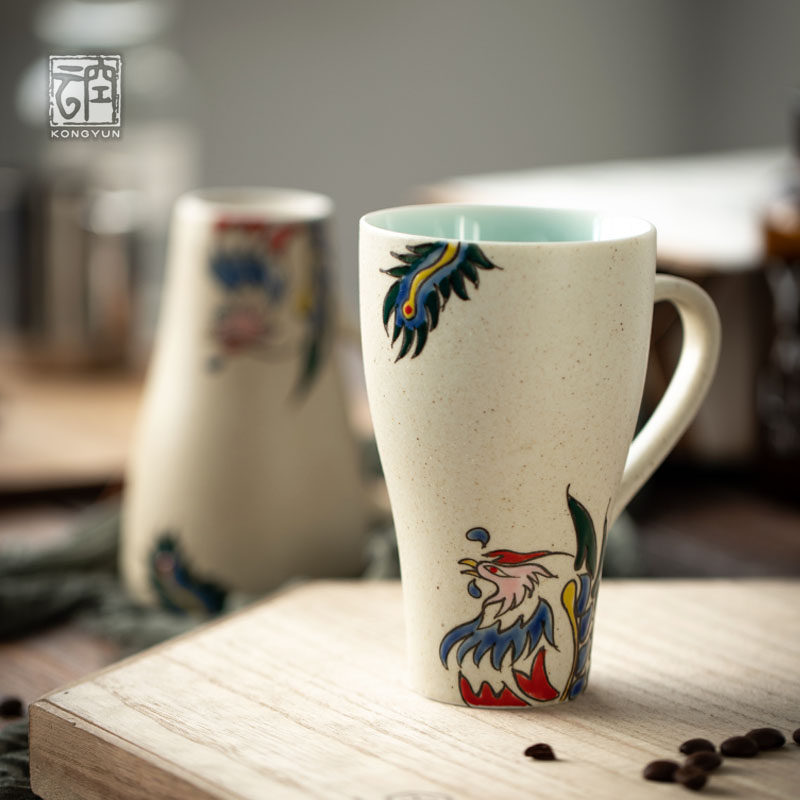 Jingdezhen Pure Handmade Coffee Ceramic Mark Cup With Handle Imitation Hot Water Cup Afternoon Tea Cup Phoenix Lovers Cup