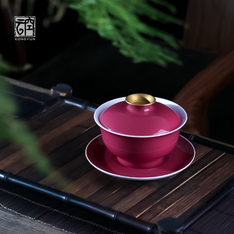 Jingdezhen pure handmade three-only cover bowl Grease Red Ceramic Tea Cup Women High-end Utiliti Tea Bowl pure color tea bowl
