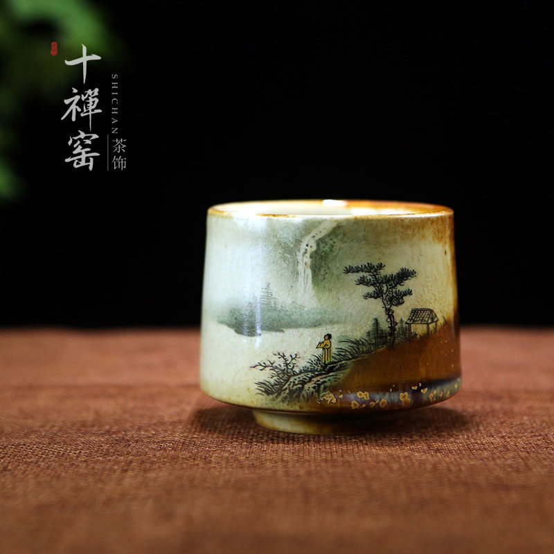 Ten Zen kiln Jingdezhen hand-painted master cup Shino landscape Teacup kiln changed to open piece wood-fired ceramic Kung Fu tea set