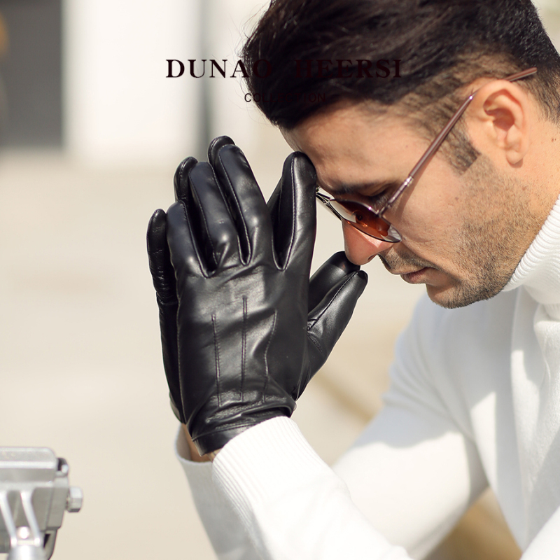 Italian Imported Genuine Goatskin Leather Gloves for Men, Winter Touchscreen-Compatible, Thin Single-Layer Leather, Driving, Fleece-Lined, Cashmere, Cycling