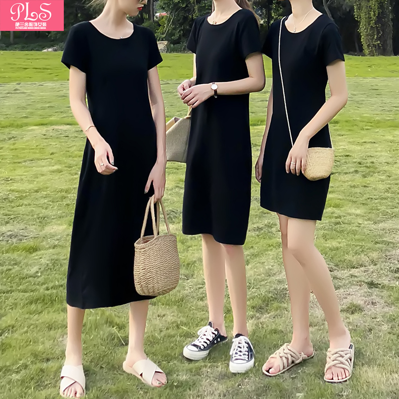 Summer Round-Neck Mid-Length Short-Sleeve T-Shirt Dress Pure White Solid Color Women's Fitted Hepburn Little Black Dress T-Shirt Dress