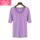 Mùa xuân và mùa thu Thân hình thon gọn Tay áo cổ chữ U màu rắn Áo thun Hàn Quốc mặc áo cotton nữ tròn - Áo phông áo phông ngắn tay