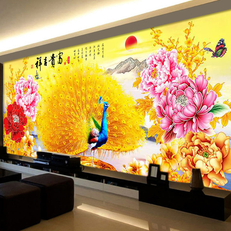 New version printed cross embroidered golden peony peacock chart living room office full embroidered big picture rich and expensive auspicious peacock painting