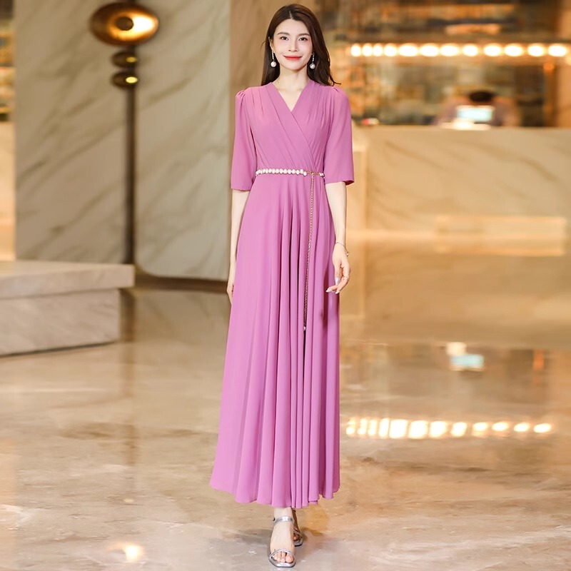 Taro Purple Dress for Women, Summer 2026 New Style, Light Mature Style, High-End Feel, Elegant, Over-The-Knee, Large Hem Long Dress