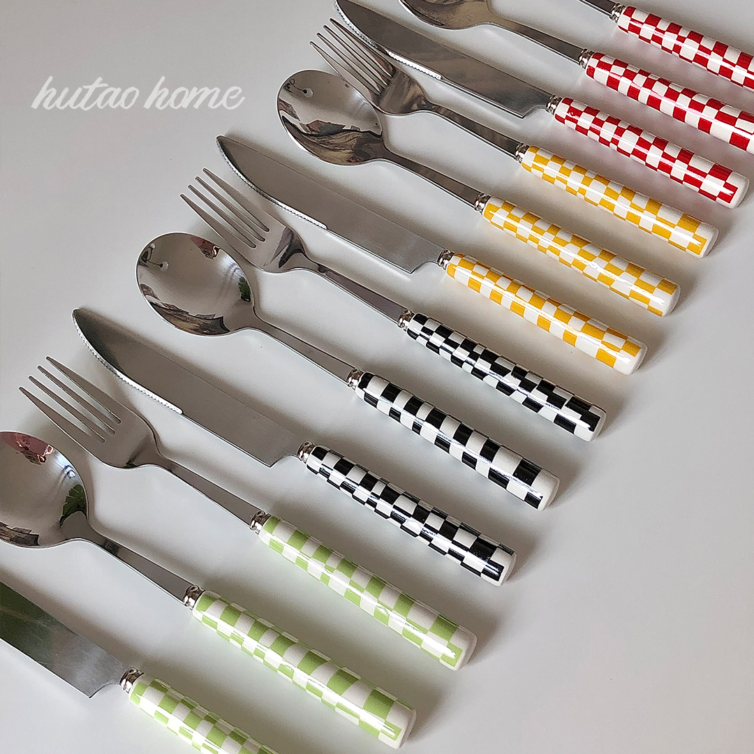 ins wind Japan-ROK irregular chessboard lattice knife fork spoon western dining cutlery set of steak knife color stainless steel