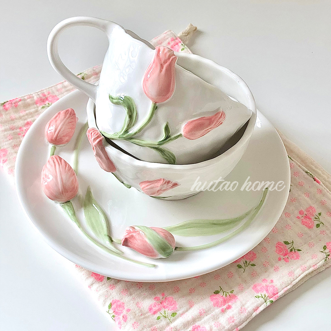 ins wind solid relief tulips Tulip Hand-painted Dinner Plate Sweet Pint Breakfast Dish ceramic Western Dish Girl Hearts Pink