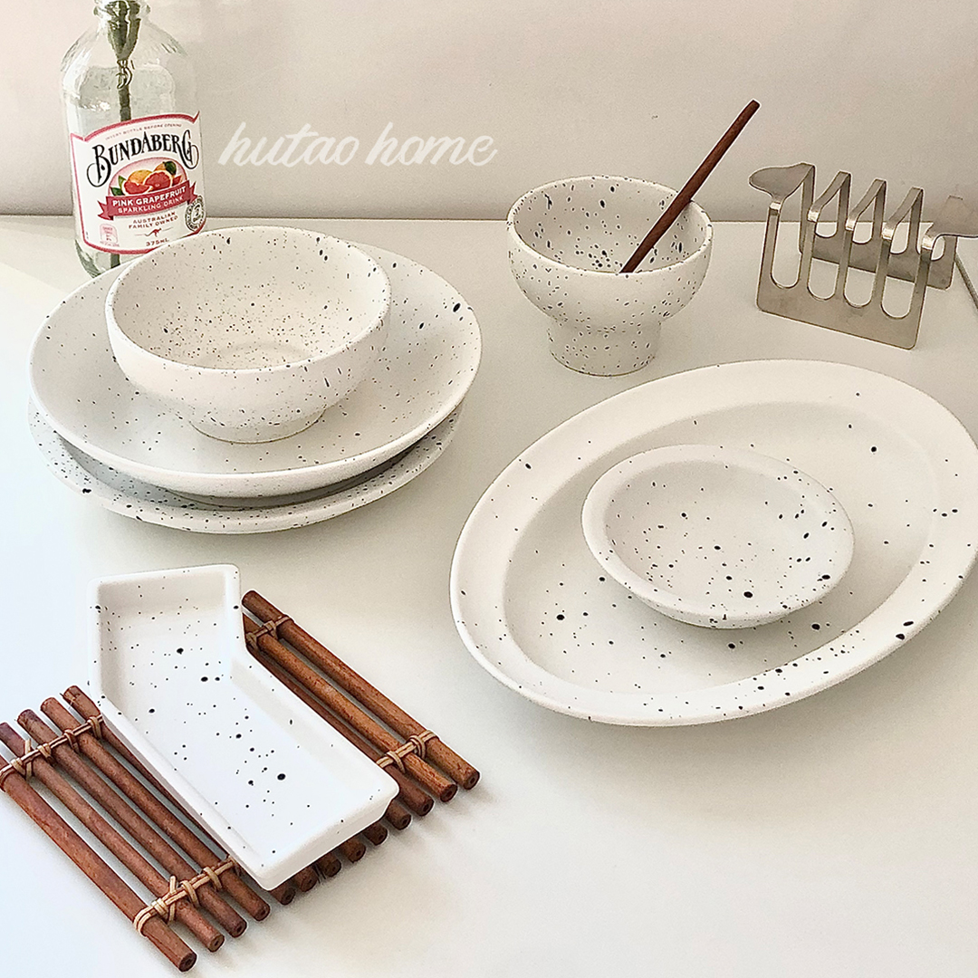 Ins wind blogger with the same western food tableware set splash ink matte underglaze color breakfast plate dessert plate Japanese rice bowl