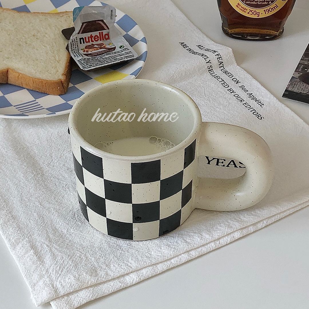 ins wind checkerboard g retro american fatfat handle mark cup coffee cup cow milk cup matt gust glass