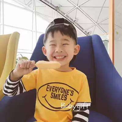 Spring and autumn new men and women small children's clothing yellow Japanese Chaogang long sleeve cotton splicing fake two T-shirts