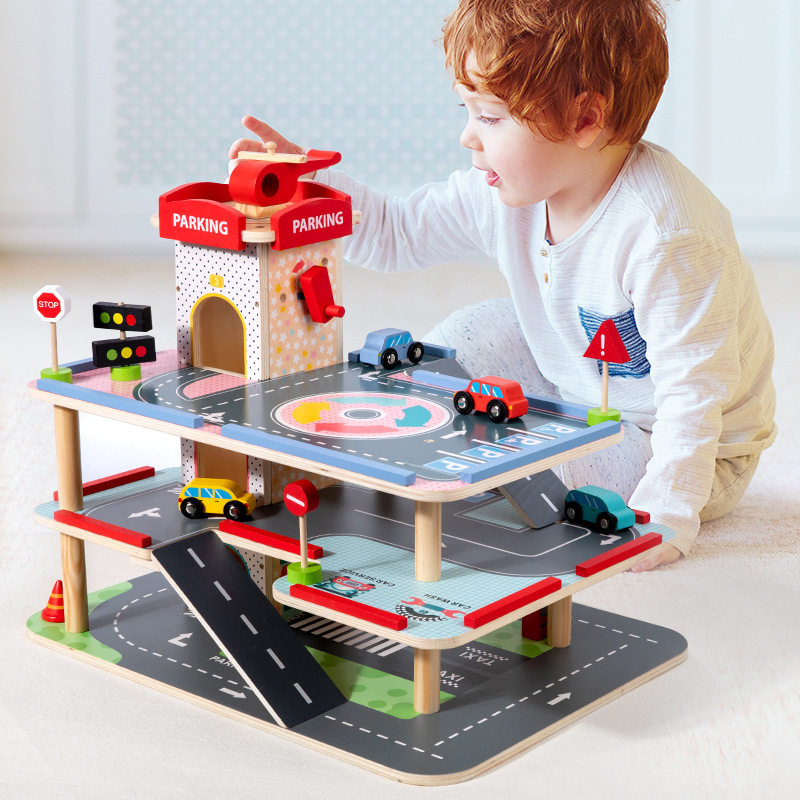 Children's Wooden Simulation Playhouse Large Three-Dimensional Three-Story Car Parking Lot Assembly Track Educational Toy Gift