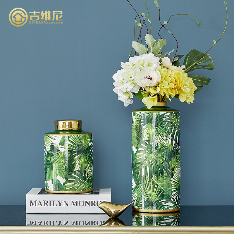 Home ceramic vase light luxury decoration turtle leaf green flower villa model room living room decoration vase