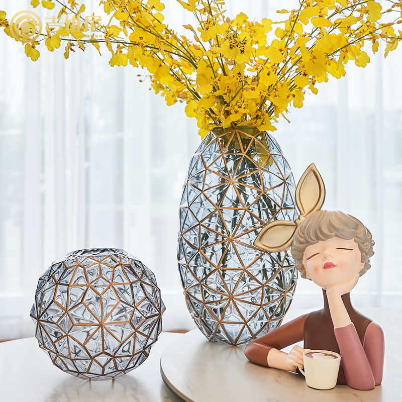 Light luxury modern simple glass vase ornaments Home accessories Living room simulation flower arrangement flower container model room decoration