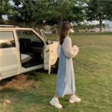 Джинсовая рубашка, подтяжки, платье, комплект для отдыха, рукава фонарики, подходит для подростков