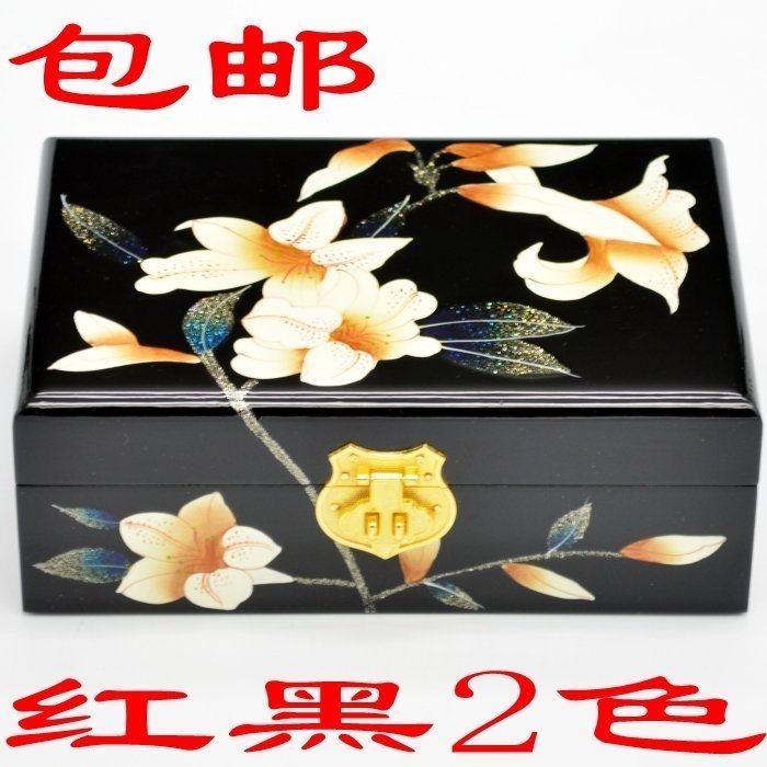 Flat Away Push Light Lacquerware First Accessories Box Woody Retro Dressing Case Wedding Imitation Antique Makeup Case Red Lily With Lock