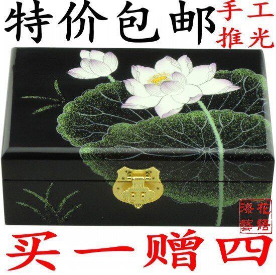Spirotian Hand Painted Lotus Leaf Lotus Leaf Flat Remote push light lacquerware First decoration Decorative Pendulum of Cosmetic Box Detire Lacquerware Box