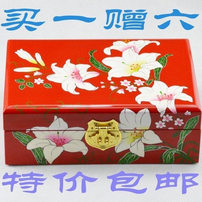 Flat Away Push Light Lacquered Ware First Accessories Box Wood Retro Chinese Style Makeup Dresser Red Lilies