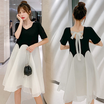 Pregnant Women summer fashion foreign style hipster Net red short sleeve fake two piece stitching dress Korean version of thin skirt summer