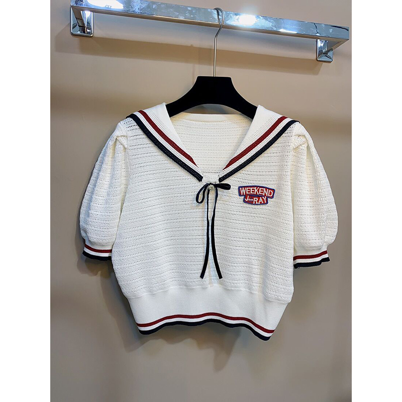 2026 Summer New College Style Color-Block Striped Sailor Collar Knit Top Women's Summer Hollow Short Sleeve